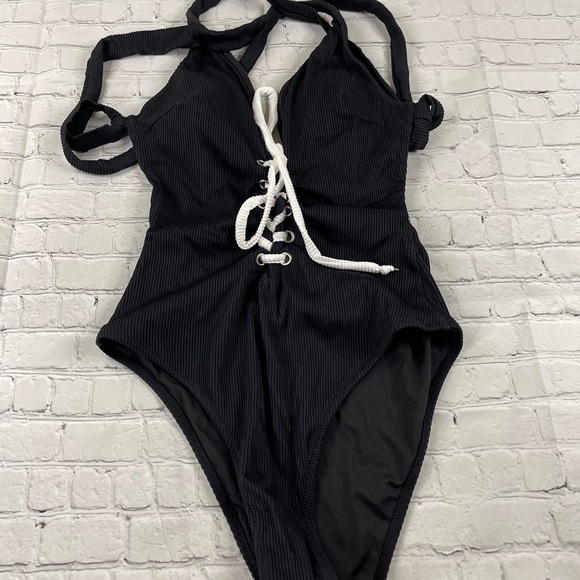 Miley Black Front Lace Up Crisscross One Piece Swimsuit - Picture 4 of 5